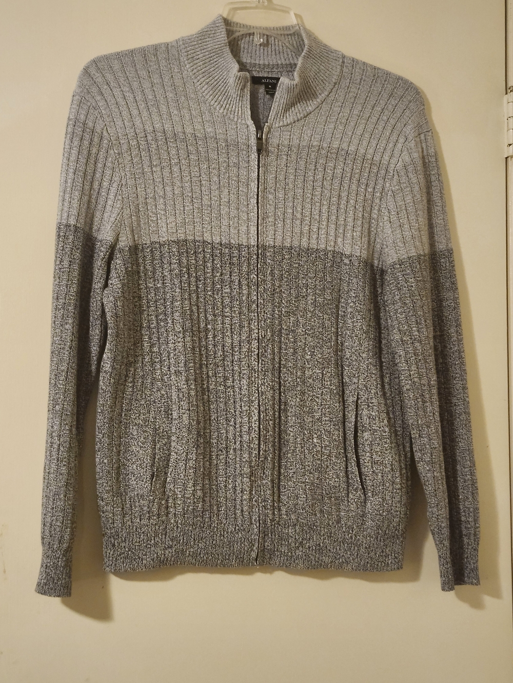 Alfani Men's Preppy Two-Tone Gray Zip-Up Ribbed Sweater Jacket M